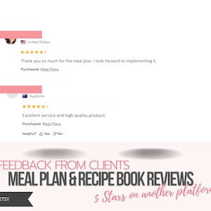 Pu&ograve; includere: Due recensioni di clienti per un piano pasto e un libro di ricette. La prima recensione &egrave; dagli Stati Uniti e assegna 5 stelle. La seconda recensione &egrave; dall'Australia e assegna 5 stelle. Entrambe le recensioni menzionano l'acquisto di piani pasto. Il testo "FEEDBACK FROM CLIENTS MEAL PLAN & RECIPE BOOK REVIEWS" &egrave; visualizzato in caratteri grandi. Il testo "NEW TO ETSY" &egrave; visualizzato in caratteri pi&ugrave; piccoli. Il testo "5 Stars on another platform" &egrave; visualizzato in caratteri pi&ugrave; piccoli.