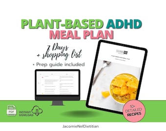 Könnte beinhalten: Ein digitaler Download für einen 7-tägigen pflanzlichen ADHD-Ernährungsplan mit Einkaufsliste und Zubereitungsanleitung. Das Bild zeigt ein digitales Tablet, auf dem eine Schüssel mit Obst zu sehen ist, und einen Computerbildschirm, auf dem ein Ernährungsplan angezeigt wird. Der Text "PLANT-BASED ADHD MEAL PLAN" steht in großen grünen Buchstaben oben im Bild.