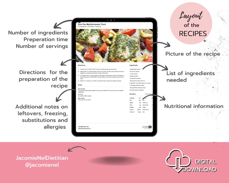 Pu&ograve; includere: Una scheda di ricetta scaricabile per Trota Mediterranea in una padella. La scheda include una foto del piatto, un elenco di ingredienti, istruzioni per la preparazione, informazioni nutrizionali e note aggiuntive su avanzi, congelamento, sostituzioni e allergie.