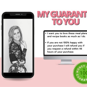 Pu&ograve; includere: Una foto in bianco e nero di una donna con una gonna a fiori e una blusa di pizzo. L'immagine &egrave; sullo schermo di uno smartphone. Il testo sullo schermo del computer dice "MY GUARANTEE TO YOU" e include due punti elenco: "Voglio che tu ami questi piani pasto e libri di ricette tanto quanto me." e "Se non sei soddisfatto al 100% del tuo acquisto, ti rimborser&ograve; se richiedi un rimborso entro 48 ore dall'acquisto."