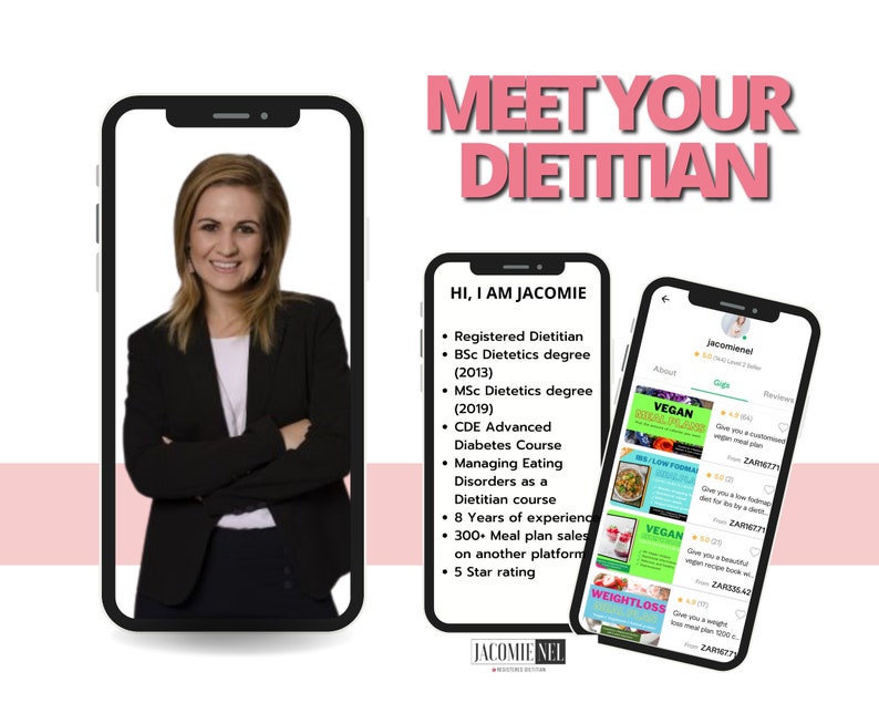 Pu&ograve; includere: Una donna con capelli castano corti sorride alla telecamera. Indossa un blazer nero e una camicia bianca. L'immagine &egrave; uno screenshot dello schermo di un telefono cellulare. Il testo sullo schermo recita "Incontra il tuo dietologo" e "Ciao, sono Jacomie". Il testo elenca le qualifiche di Jacomie, tra cui Dietista Registrata, Laurea in Dietologia (2013), Master in Dietologia (2019), Corso Avanzato di Diabete CDE, Gestione dei Disturbi Alimentari come Dietista, 8 anni di esperienza, oltre 300 vendite di piani pasto su un'altra piattaforma e una valutazione a 5 stelle.