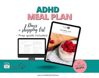 Könnte beinhalten: Ein digitaler Download für einen 7-tägigen ADHD-Ernährungsplan mit Einkaufsliste und Zubereitungsanleitung. Das Bild zeigt einen Computerbildschirm, auf dem ein Ernährungsplan angezeigt wird, ein Tablet, auf dem ein Rezept angezeigt wird, und einen rosa Knopf mit dem Text "10+ DETAILLIERTE REZEPTE".