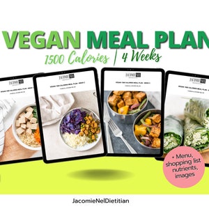 Plan de alimentación vegano de 4 semanas / 1500 calorías Plan de alimentación vegano con recetas veganas y lista de compras veganas
