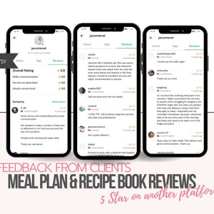 Pu&ograve; includere: Schermate di tre telefoni cellulari che mostrano recensioni dei clienti per un servizio di piano pasto e libro di ricette. Le recensioni sono tutte positive e mettono in evidenza la velocit&agrave;, la qualit&agrave; e la disponibilit&agrave; del servizio. Il testo sullo schermo recita "Valutazione generale 5,0", "Comunicazione del venditore 5,0", "Servizio come descritto 5,0", "Consiglierebbe 5,0", "Servizi veloci e soddisfano le mie esigenze", "LO ADORO! Continuer&ograve; a utilizzare questo servizio, molto veloce e professionale", "Consegna molto veloce!" e "Delizioso, facile da preparare i pasti. Consegna veloce ed eccellente comunicazione, grazie."