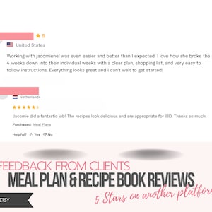 Pu&ograve; includere: Due recensioni di clienti per un piano pasto e un libro di ricette. La prima recensione &egrave; dagli Stati Uniti e d&agrave; 5 stelle. La seconda recensione &egrave; dai Paesi Bassi e d&agrave; 5 stelle. Entrambe le recensioni sono positive e menzionano i piani pasto e le ricette.