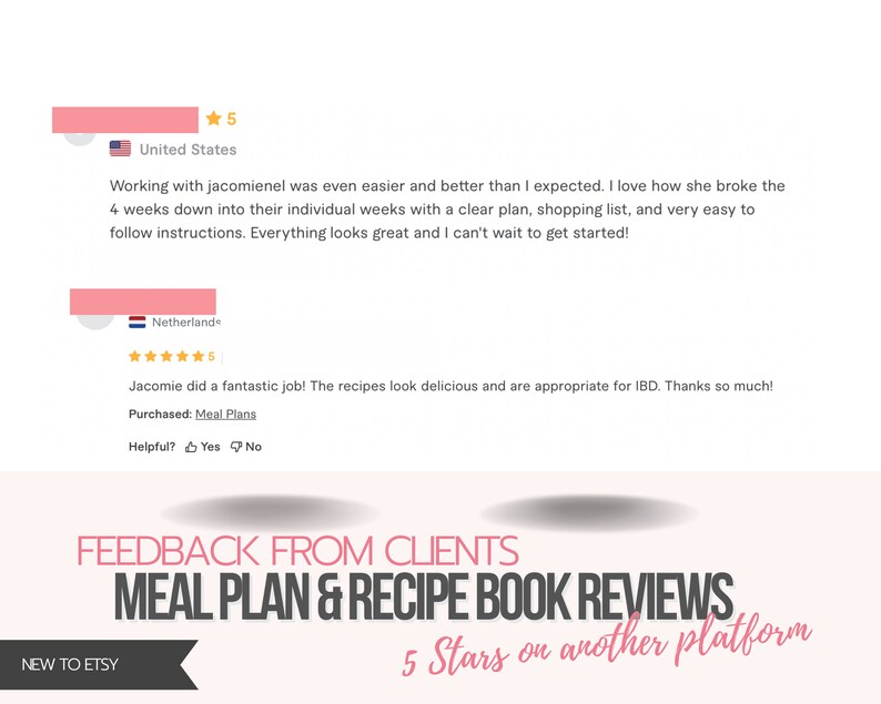 Pu&ograve; includere: Due recensioni di clienti per un piano pasto e un libro di ricette. La prima recensione &egrave; dagli Stati Uniti e d&agrave; 5 stelle. La seconda recensione &egrave; dai Paesi Bassi e d&agrave; 5 stelle. Entrambe le recensioni sono positive e menzionano i piani pasto e le ricette.