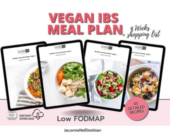 Puede incluir: Una descarga digital para un plan de comidas vegano IBS de 4 semanas con 45 recetas detalladas. El plan de comidas es bajo en FODMAP e incluye una lista de compras. La imagen muestra cuatro pantallas digitales con fotos de comidas veganas.