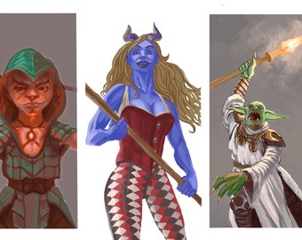 May include: Three fantasy characters, a green-skinned goblin with a flaming torch, a blue-skinned woman with horns and a red and white checkered outfit, and a green-skinned goblin with a green hood and armor.