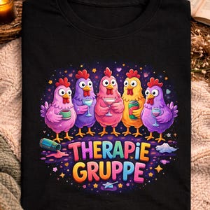 Könnte beinhalten: Schwarzes T-Shirt mit einer farbenfrohen Grafik von fünf Cartoon-Hühnern, die Getränke halten. Der Text "THERAPIE GRUPPE" befindet sich unter den Hühnern. Das Wort "schwarz" steht oben.