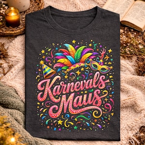 Könnte beinhalten: Dunkelgraues T-Shirt mit einem farbenfrohen Grafikdesign. Das Design zeigt den Text "Karnevals Maus", eine Partyhut und eine Maske, umgeben von Konfetti. Das T-Shirt befindet sich in einer gemütlichen Umgebung mit dekorativen Elementen.