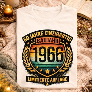 Puede incluir: Camiseta color crema con un diseño gráfico de estilo vintage. El gráfico presenta el texto "60 Jahre Einzigartig Baujahr 1966 Limitierte Auflage" en un diseño circular con hojas de laurel y estrellas. La camiseta se muestra sobre una superficie texturizada.
