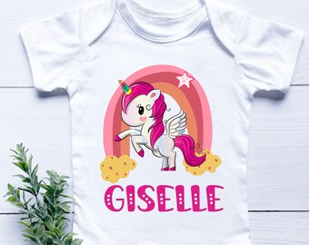 Baby Body mit Namen Einhorn, Einhorn Regenbogen Geburtstags Bodysuit, Einhorn Baby Geschenk, benutzerdefinierter Name Baby Mädchen