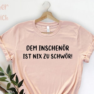 Può includere: Una maglietta rosa chiaro con il testo tedesco "DEM INSCHENÖR IST NIX ZU SCHWÖR!" in nero. La maglietta è appesa a una gruccia di legno. Le parole "Heather Pfirsich" sono nell'angolo in alto a sinistra.