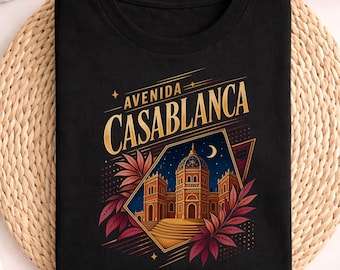 Avenida Casablanca Shirt, Casablanca Reise Shirt, Marokko Architektur  , Vintage Stadt Design, Reise Erinnerung Geschenk, Nacht Stadt Grafik
