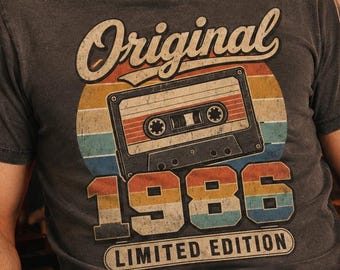 Retro 1986 T‑Shirt mit Kassette, Vintage Print, Unisex, Jahrgang Shirt