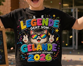 Grundschule geschafft 2026 Shirt, Einschulung Abschluss T-Shirt, bunte Katze Motiv
