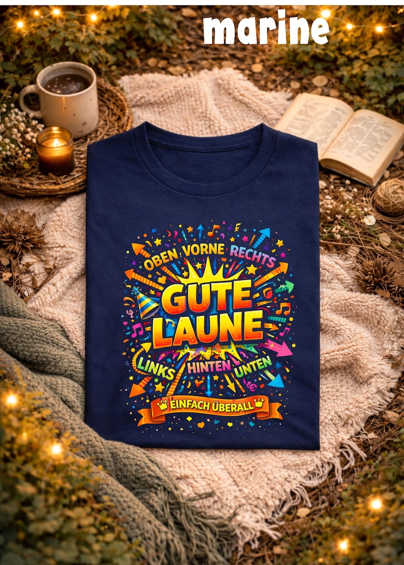 May include: A navy blue t-shirt with a colorful graphic design. The design includes the words "Gute Laune" in large yellow letters, surrounded by arrows, musical notes, and other decorative elements. The word "marine" is at the top.
