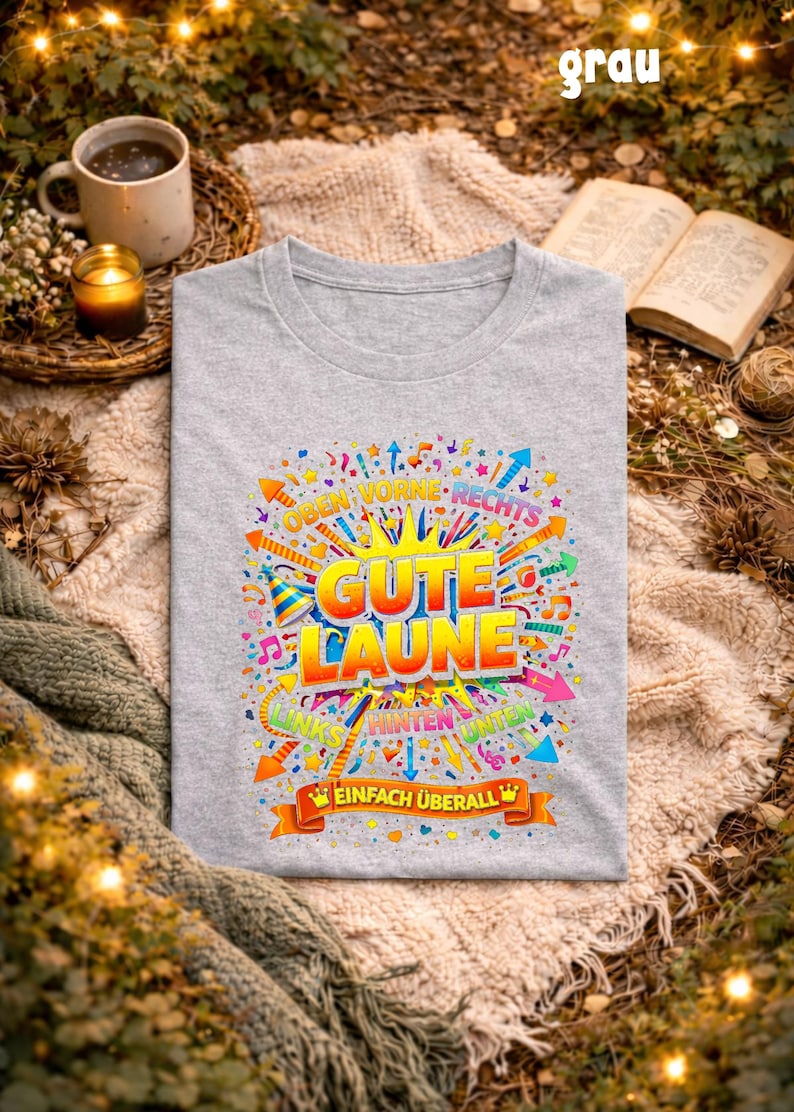 May include: A light gray t-shirt with a colorful graphic that says "Gute Laune" in large letters. The design includes arrows, fireworks, and musical notes. The text "Einfach &Uuml;berall" is at the bottom.