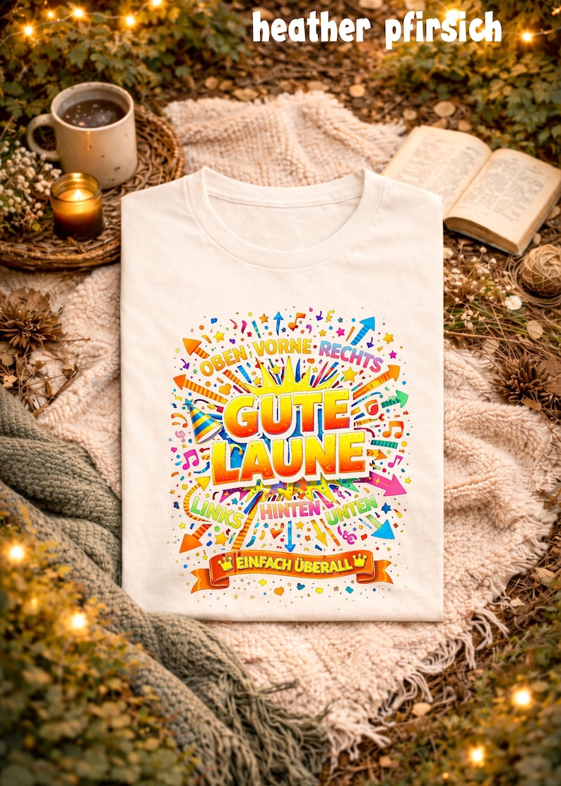 May include: Cream-colored t-shirt with a colorful graphic design. The design includes the words "Gute Laune" in large, yellow and orange letters, surrounded by arrows, stars, and musical notes. The text "Einfach &Uuml;berall" is also present.