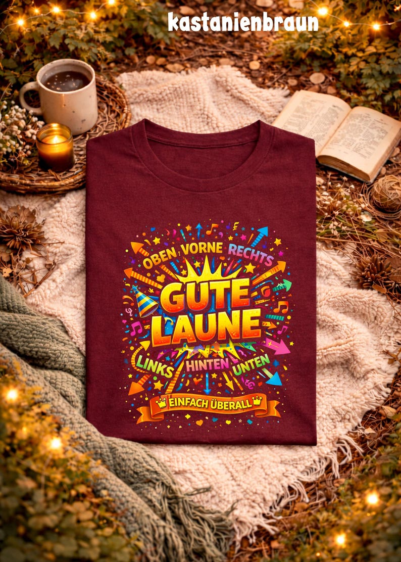 May include: A maroon t-shirt with a colorful graphic design. The design includes the words "Gute Laune" in large yellow letters, surrounded by arrows, musical notes, and other decorative elements. The shirt is displayed on a textured surface.