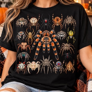 Spinnen T-Shirt mit Vogelspinne, bunter Spinnenarten-Print für Damen und Herren