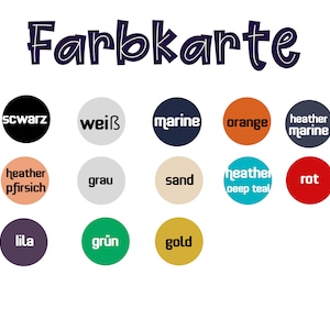 K&ouml;nnte beinhalten: Eine Farbkarte mit dem Wort "Farbkarte" in einer verspielten Schriftart oben. Die Karte zeigt eine Reihe farbiger Kreise, die jeweils mit einem deutschen Farbnamen beschriftet sind. Zu den Farben geh&ouml;ren Schwarz, Wei&szlig;, Marine, Orange und andere.
