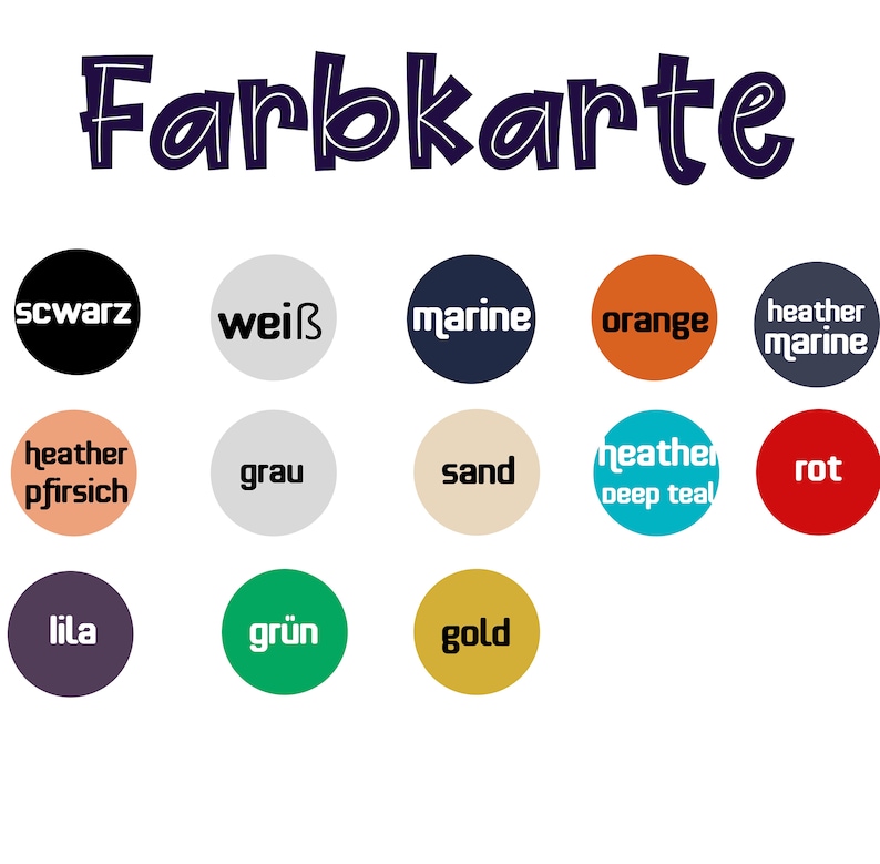 K&ouml;nnte beinhalten: Eine Farbkarte mit dem Wort "Farbkarte" in einer verspielten Schriftart oben. Die Karte zeigt eine Reihe farbiger Kreise, die jeweils mit einem deutschen Farbnamen beschriftet sind. Zu den Farben geh&ouml;ren Schwarz, Wei&szlig;, Marine, Orange und andere.
