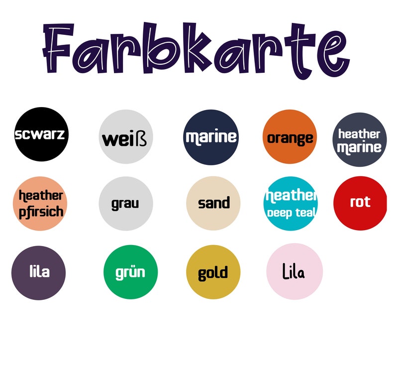 May include: A color chart with 14 different color swatches. The colors include black, white, marine, orange, heather marine, heather peach, gray, sand, heather deep teal, red, lilac, green, gold, and lilac.