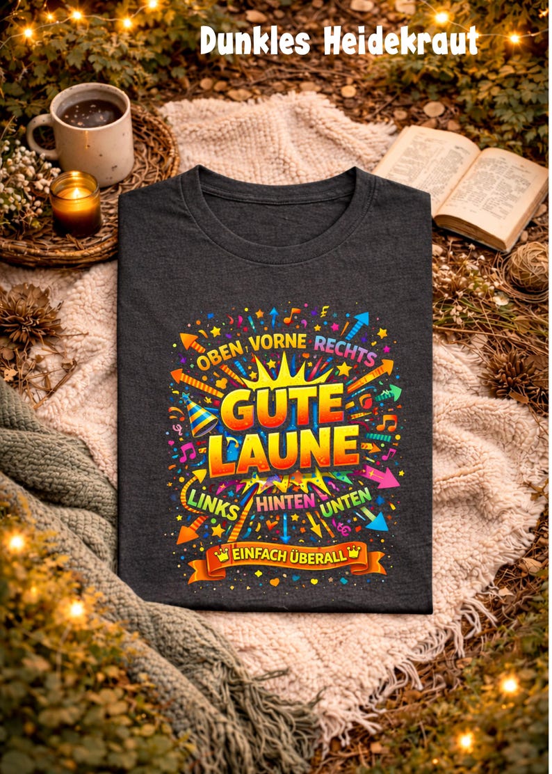 May include: Dark gray t-shirt with a colorful graphic design. The design includes the words "Gute Laune" in large letters, surrounded by arrows, musical notes, and other decorative elements. The text "Oben Vorne Rechts, Links Hinten Unten, Einfach &Uuml;berall" is also included.