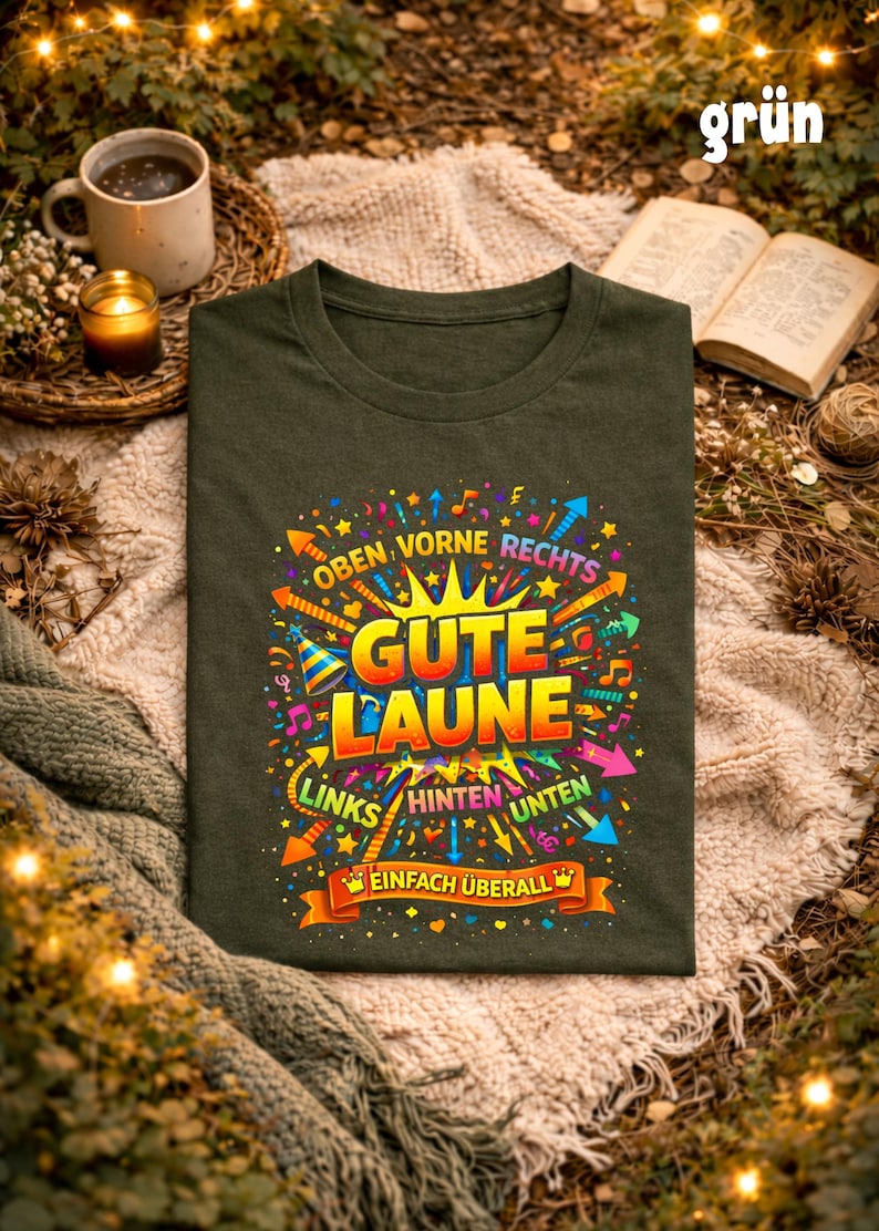 May include: Dark green t-shirt with a colorful graphic design. The design includes the words "Gute Laune" in large, yellow and orange letters, surrounded by arrows, musical notes, and other decorative elements. The text "Oben Vorne Rechts" and "Links Hinten Unten" are also included.