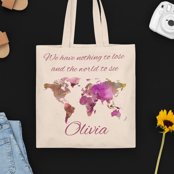 Personalized World Map Custom Tote Bag Watercolor Tote Bag Aesthetic Bag Shopping Bag Everyday Eco Tote Reusable Tote Bachelorette Party