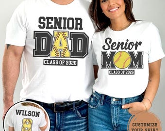 Custom Senior Softball Parent T-Shirt Personalized Name & Number Shirt For Softball Senior Mom And Dad Class Of 2027 Senior Night Gift Tee
