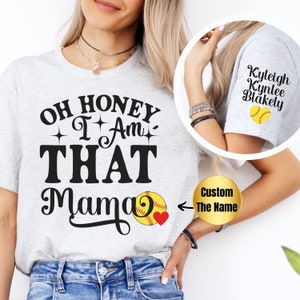 Custom Softball Shirt For Mom Personalized Softball Mama T-Shirt Gift Softball Name On Sleeve Tshirt Baseball Lover Shirt Softball Mom Tee
