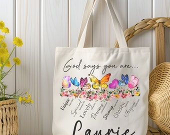 Personalized Christian Canvas Tote Bag, Bible Verse Butterfly Design