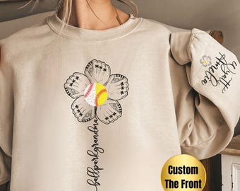 Baseball And Softball Grandma Sweatshirt Softball And Baseball Grammy Crewneck Personalized Ballpark Granny Gift Custom Kids Name On Sleeve