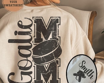 Personalized Goalie Mom Sweatshirt, Hockey Mama Game Day Crewneck Custom Name And Number