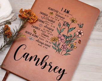 Personalized Christian Vegan Leather Journal, Floral Design