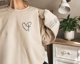 Christian Sweatshirt with Bible Verse Sleeve Print