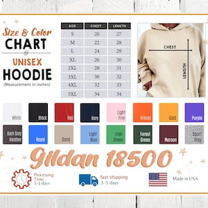 K&ouml;nnte beinhalten: Gr&ouml;&szlig;entabelle f&uuml;r Unisex-Hoodies mit Ma&szlig;en in Zoll. Die Tabelle zeigt Brust- und L&auml;ngenma&szlig;e f&uuml;r die Gr&ouml;&szlig;en S bis 5XL. Die Tabelle ist mit "Gr&ouml;&szlig;en- und Farbtabelle" und "Unisex-Hoodie" beschriftet. Die Tabelle ist von einer Vielzahl von Farbmustern f&uuml;r verschiedene Hoodie-Farben umgeben.