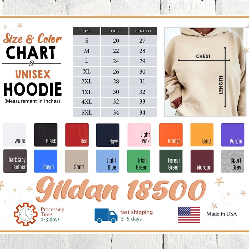 K&ouml;nnte beinhalten: Gr&ouml;&szlig;entabelle f&uuml;r Unisex-Hoodies mit Ma&szlig;en in Zoll. Die Tabelle zeigt Brust- und L&auml;ngenma&szlig;e f&uuml;r die Gr&ouml;&szlig;en S bis 5XL. Die Tabelle ist mit "Gr&ouml;&szlig;en- und Farbtabelle" und "Unisex-Hoodie" beschriftet. Die Tabelle ist von einer Vielzahl von Farbmustern f&uuml;r verschiedene Hoodie-Farben umgeben.
