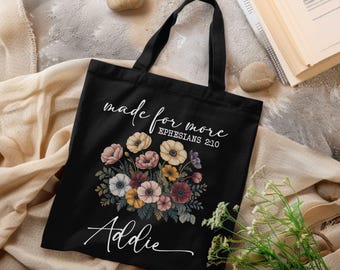 Personalized Floral Christian Tote Bag, Bible Verse Gift