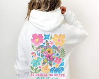 Boho Beach Hoodie: Turtle Floral Design, Coastal Sweatshirt