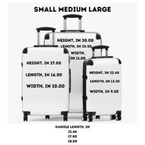 May include: Three white suitcases of different sizes with black handles and wheels. The suitcases are labeled with their dimensions in inches: "HEIGHT, IN 30.00, LENGTH, IN 20.50, WIDTH, IN 11.00", "HEIGHT, IN 27.00, LENGTH, IN 16.00, WIDTH, IN 10.00", and "HEIGHT, IN 22.40, LENGTH, IN 13.30, WIDTH, IN 9.05". The text "SMALL MEDIUM LARGE" is at the top of the image. The text "HANDLE LENGTH, IN 21.46 17.00 18.00" is at the bottom of the image.