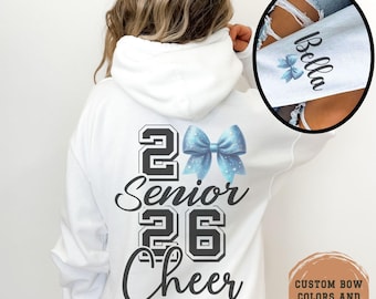 Personalized Senior Cheer Hoodie Sweatshirt Class of 2027 Custom Name On Sleeve Bow Color Team Gift For Senior Cheer Night