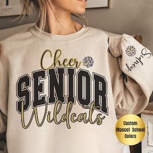 Personalized Senior Cheer Sweatshirt Class of 2027 Custom Name On Sleeve Team Mascot School Colors Crewneck Sweater Gift Senior Night