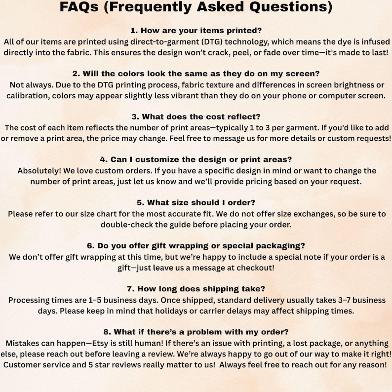 K&ouml;nnte beinhalten: FAQs (H&auml;ufig gestellte Fragen) zu Direktdruck auf Kleidung, Farbtreue, Anpassung, Gr&ouml;&szlig;en, Geschenkverpackung, Versandzeiten und Kundenservice.