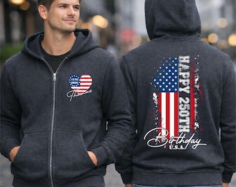 Customized 250th Anniversary USA Zip Up Hoodie, Patriotic Freedom Full Zip Sweatshirt