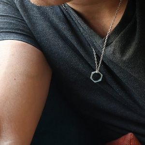 Masculine Mens Hexagon Pendant Necklace Pure Silver