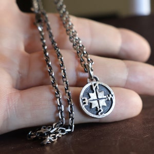 Mens Necklace Rustic Compass Pendant Solid Silver