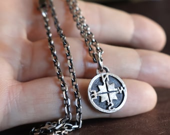 Mens Necklace Rustic Compass Pendant Solid Silver